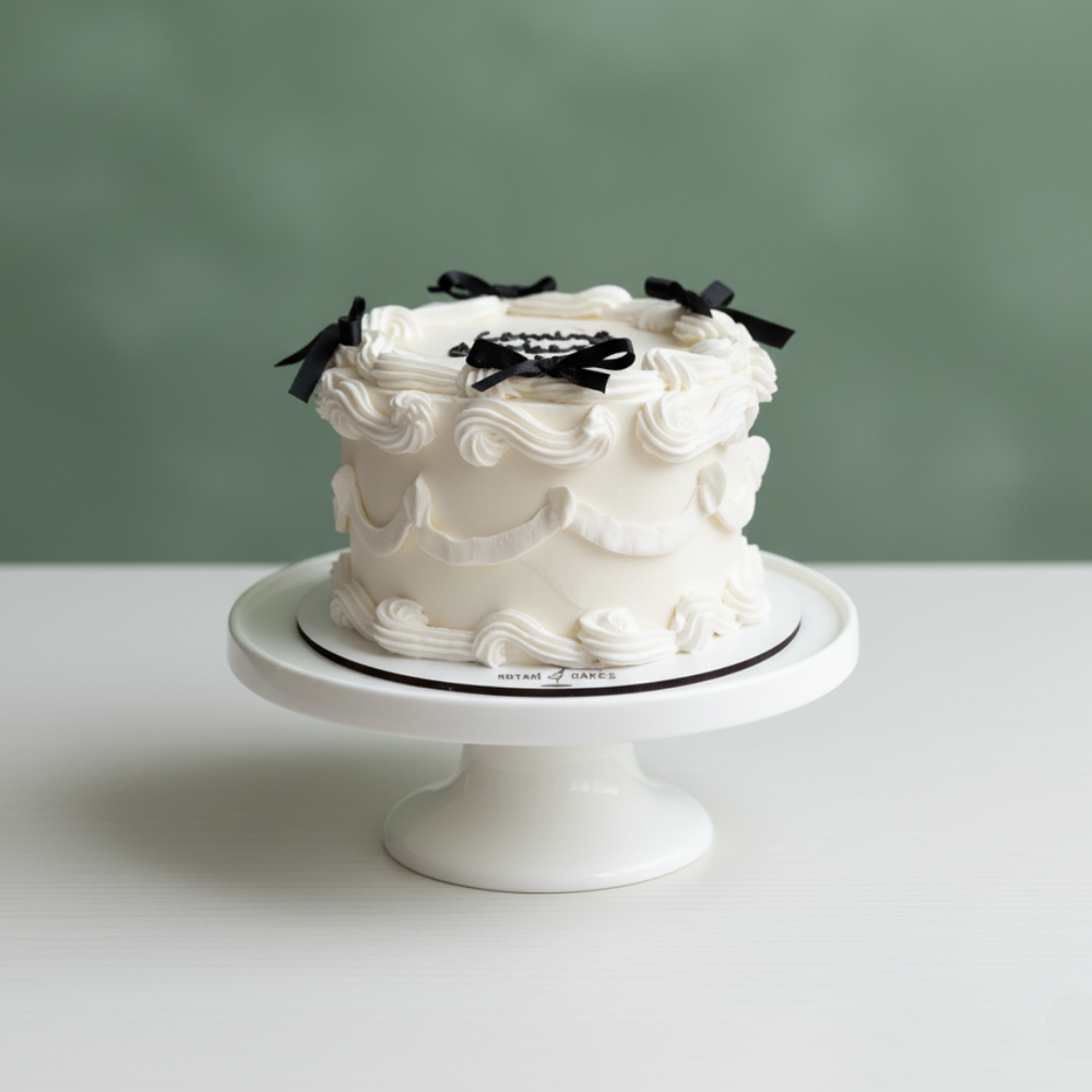 Mini Ribbon Cake with soft sponge, buttercream filling, and elegant fondant ribbon decorations – ideal for intimate celebrations.