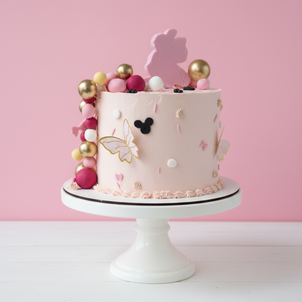 minnie mouse theme pink cake with colorful balls and a pink bunny figure on a white stand against a pink background