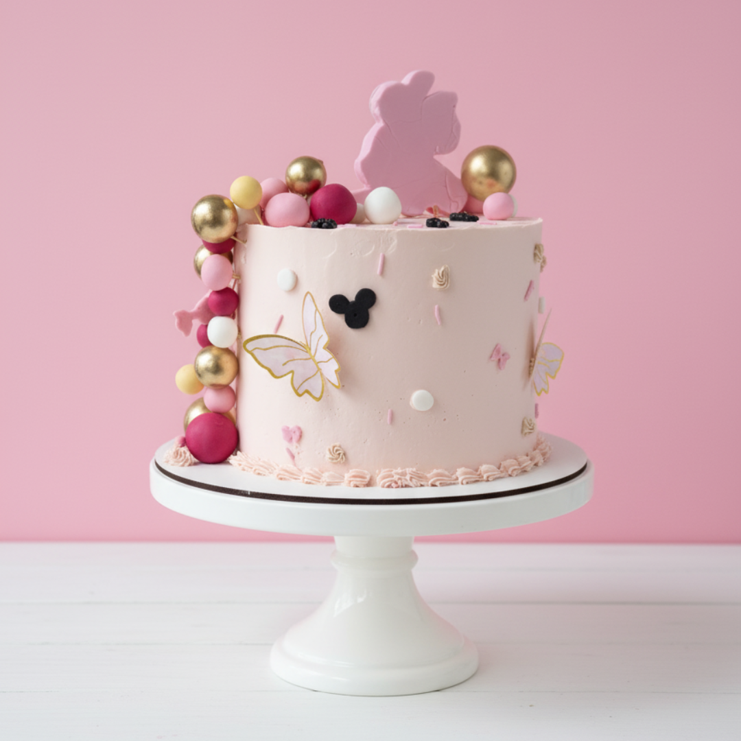 minnie mouse theme pink cake with colorful balls and a pink bunny figure on a white stand against a pink background