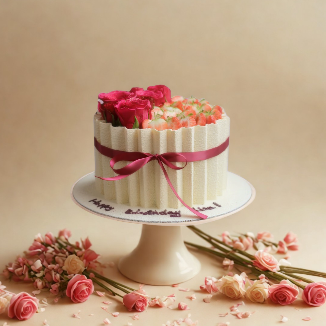 White birthday cake with pink roses - mint cake