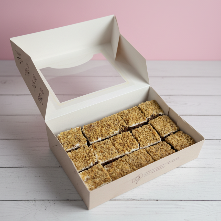 Box of medovic cakes on a white surface with a pink background