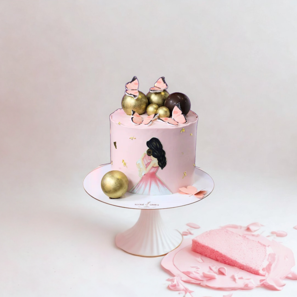 Pink mom and daughter cake with decorative mother elements 