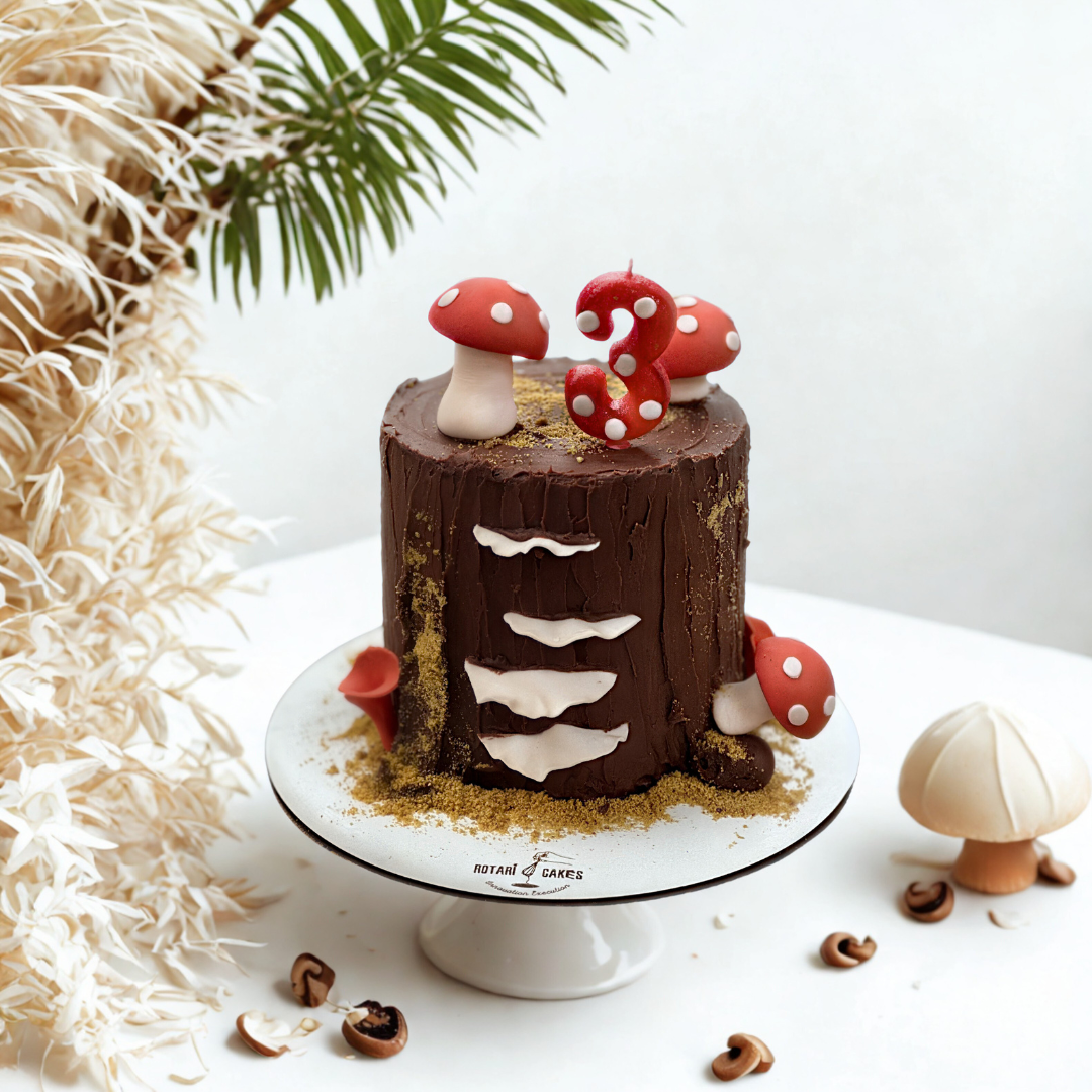 Mushroom Cake with edible mushroom toppers and nature-inspired design