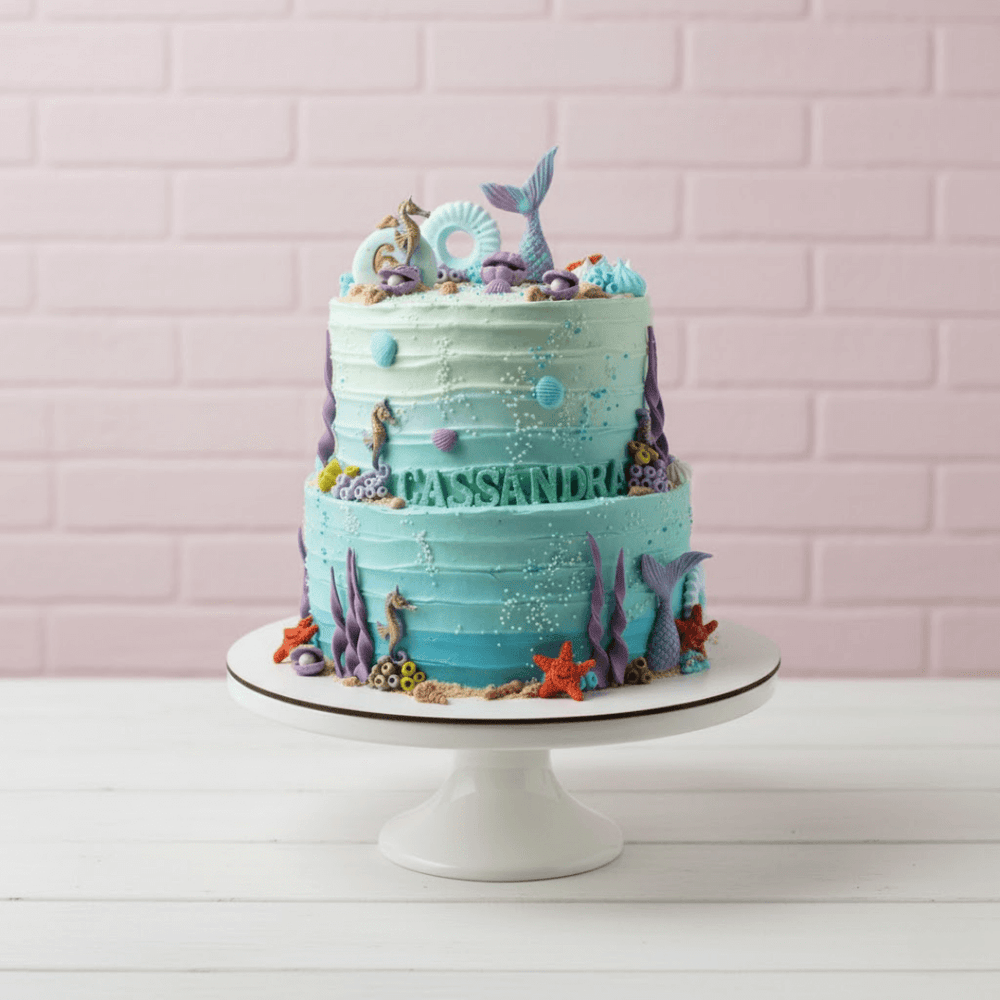 Two-tiered cake with ocean-themed decorations in blue colour on a white stand against a light pink brick wall.