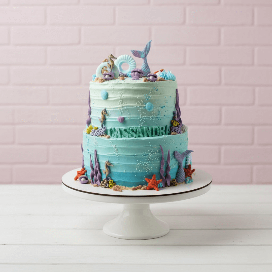 Two-tiered cake with ocean-themed decorations in blue colour on a white stand against a light pink brick wall.