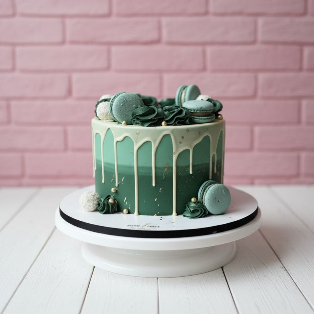 Green ombre cake with macarons on a white stand against a pink brick wall.