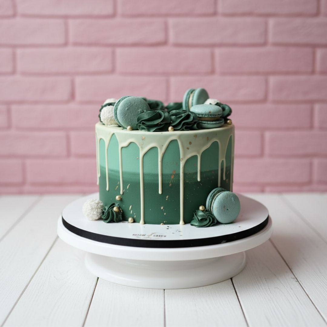 Green ombre cake with macarons on a white stand against a pink brick wall.