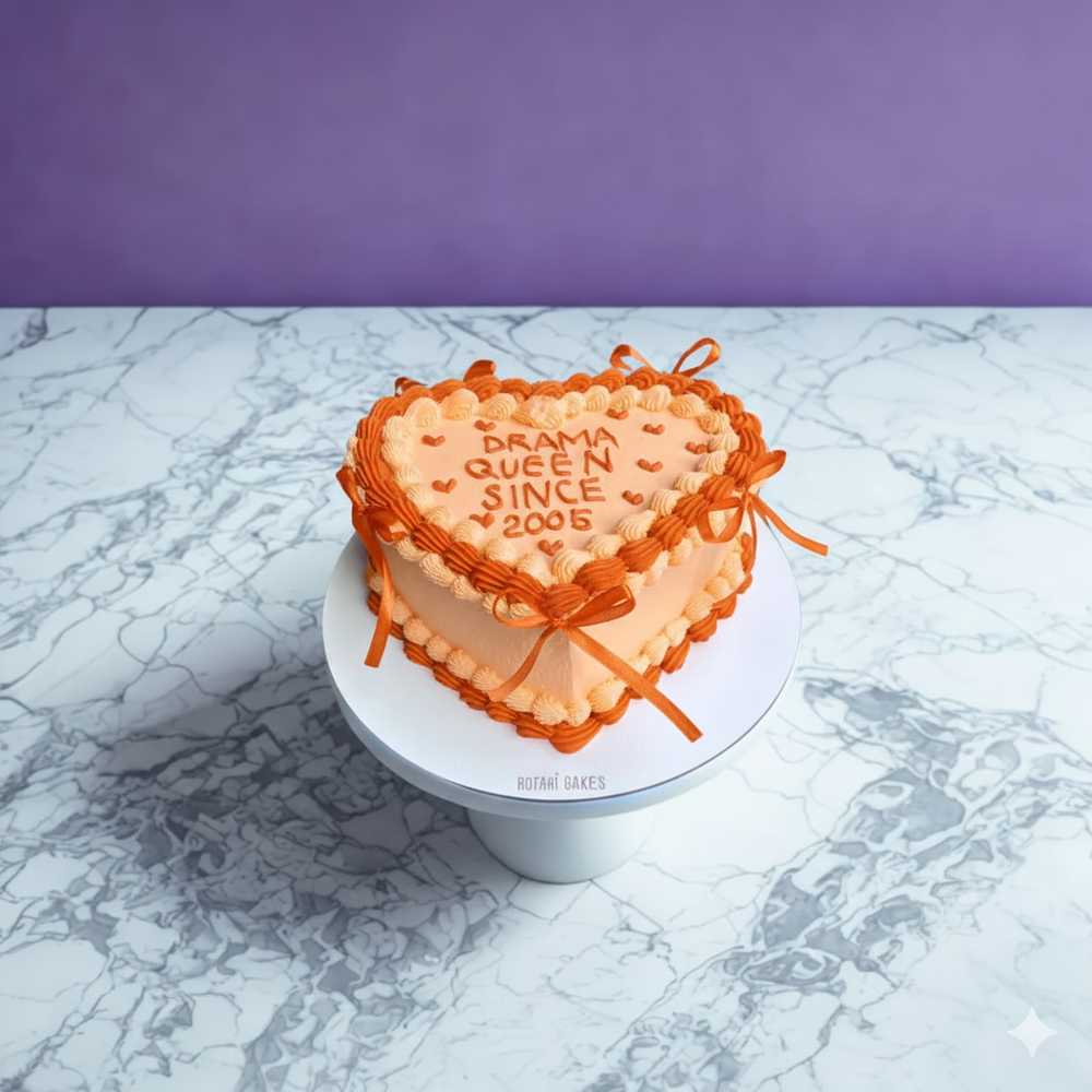 
                  
                    Heart-shaped cake with orange icing and text on a marble surface with purple background
                  
                