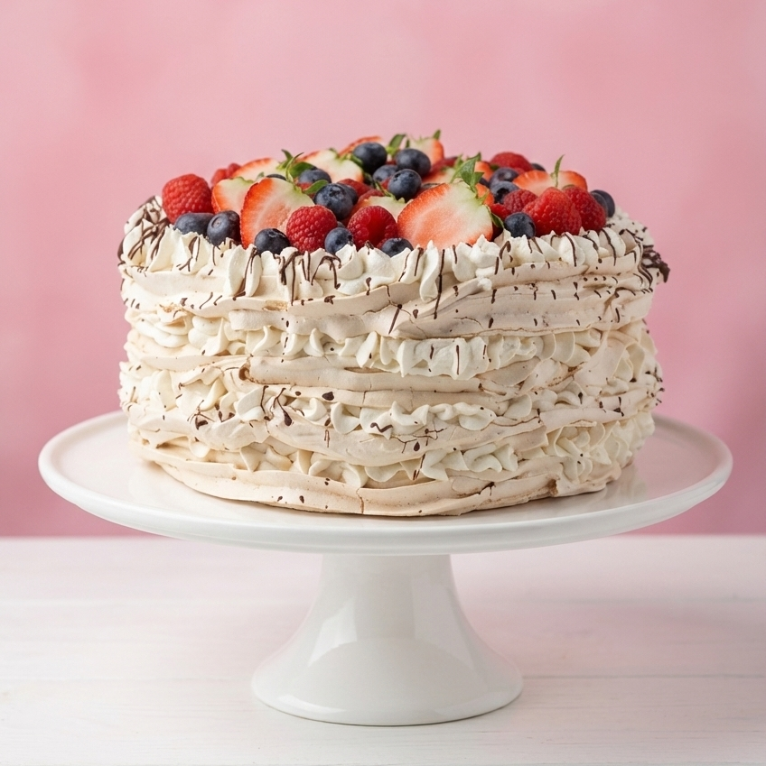 Layered cake with berries on a white cake stand against a pink background