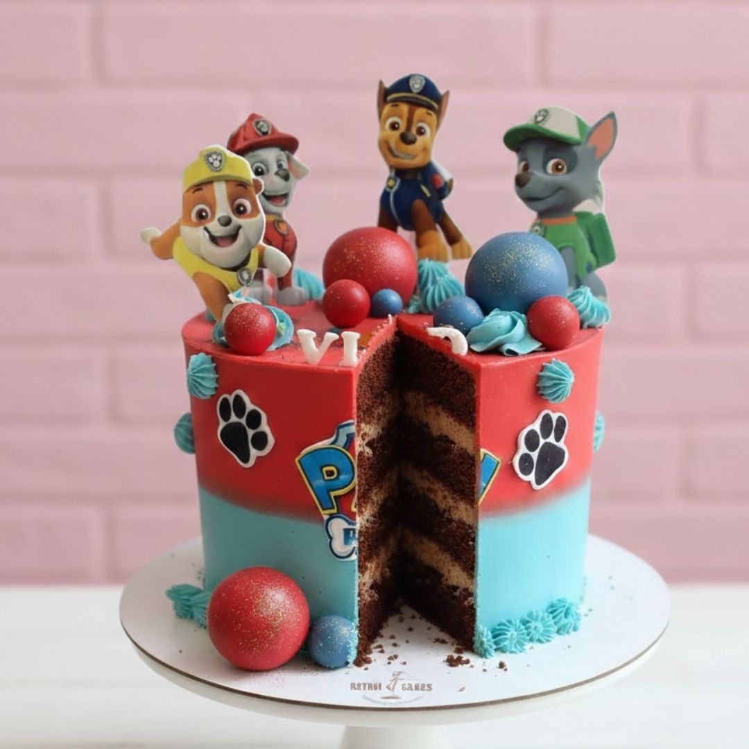 Paw Patrol-themed birthday cake chocolate flavour with cartoon characters on a pink background