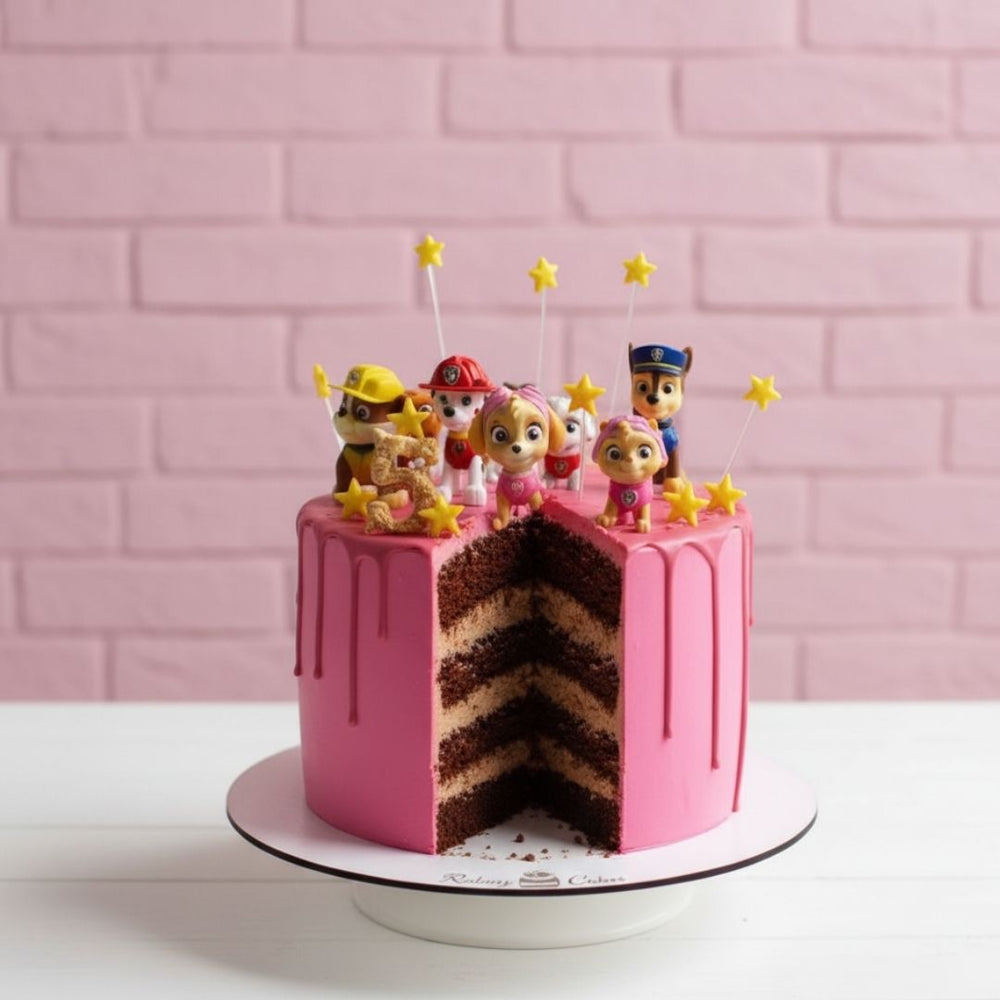 Pink cake with Paw Patrol figures and chocolate flavour against a pink brick wall