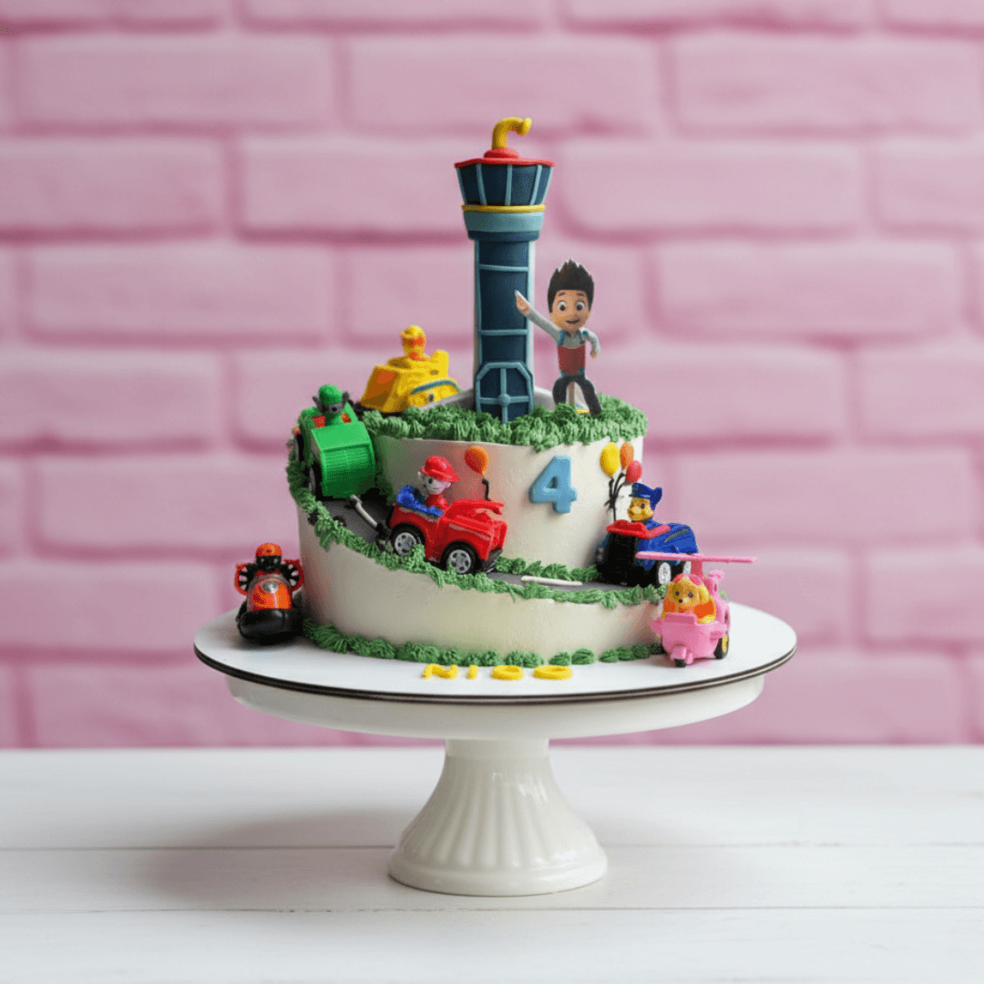 Children's birthday cake with paw tarol theme toy figures and colorful decorations on a pink brick wall background