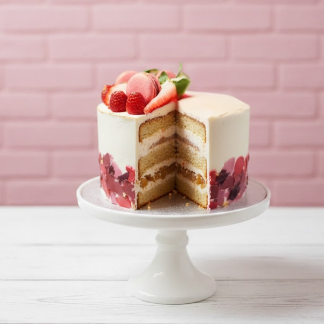 Layered cake with berries on a white cake stand against a pink brick wall.