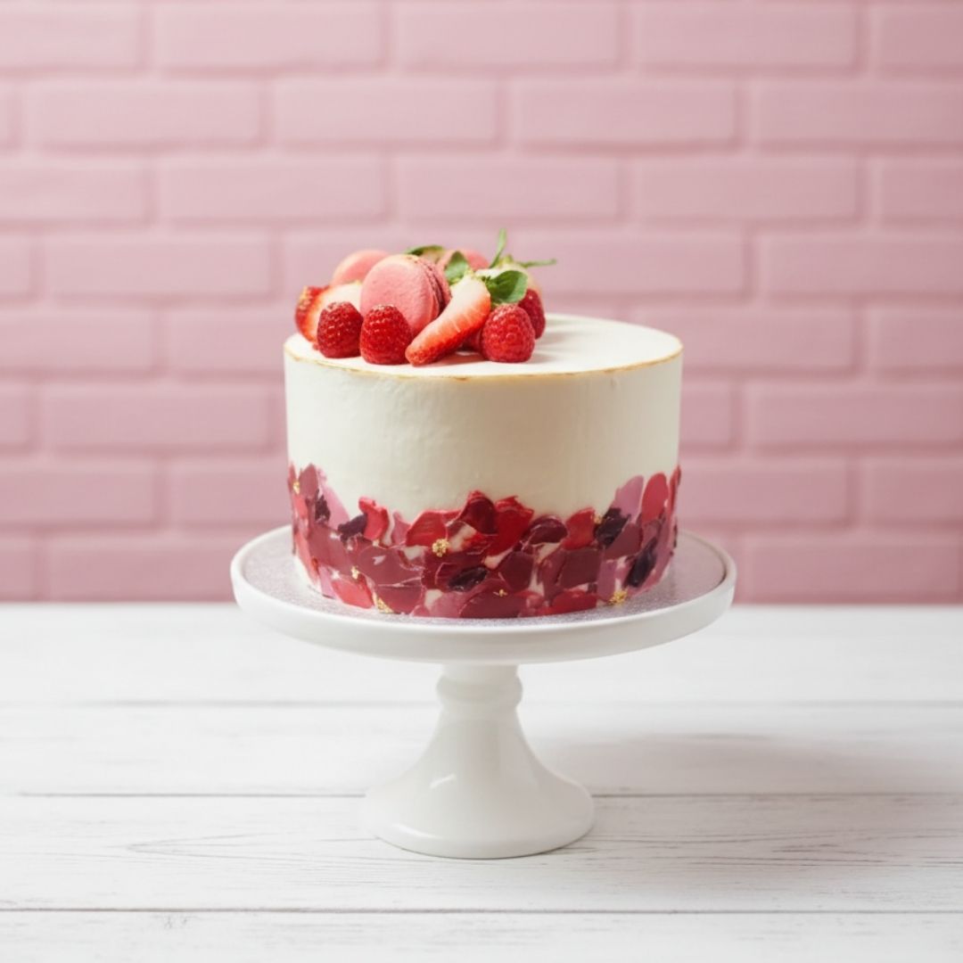 Decorative cake with berries on top on a white stand against a pink brick wall.