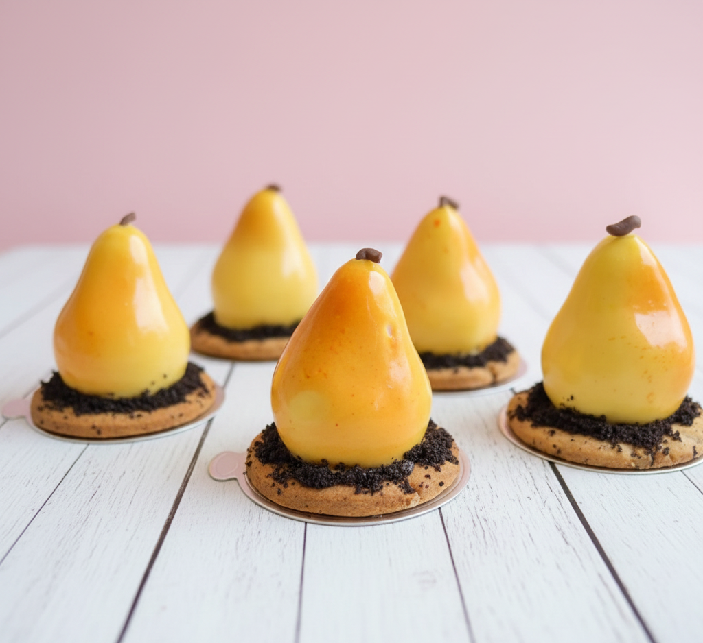 Five pear-shaped desserts on a white wooden surface with a pink background