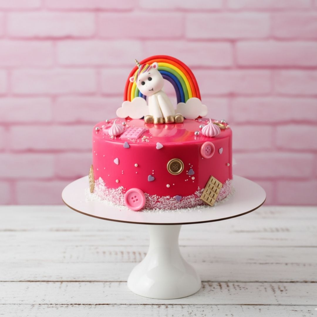 Pink cake with unicorn and rainbow decoration on a white stand against a pink brick wall.