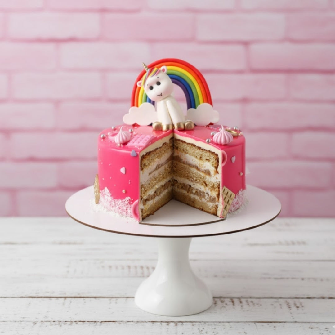 Pink cake with unicorn and rainbow decoration on a white stand against a pink brick wall.