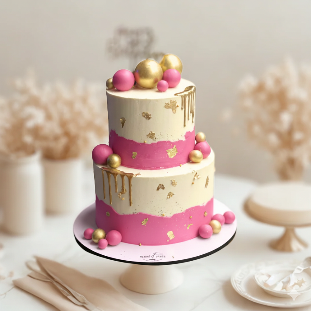 two-tiered cake with pink and gold decorations on a white surface.