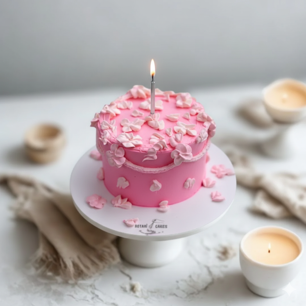 
                  
                    Pink cake with a single lit candle on a white marble surface
                  
                