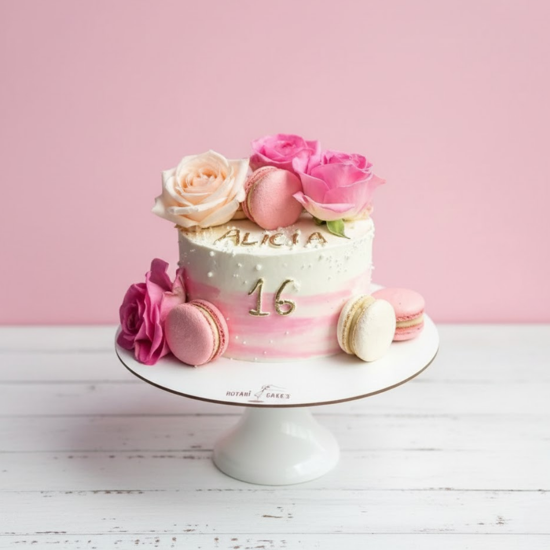 pink cake with pink flowers and macarons on a white stand against a pink background