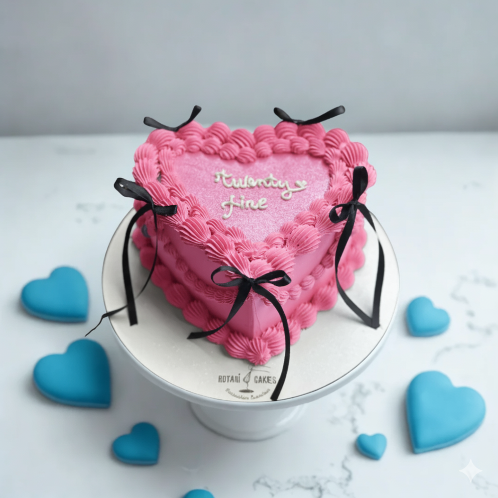 
                  
                    Heart-shaped pink cake with black ribbons on a white marble surface with blue heart decorations.
                  
                