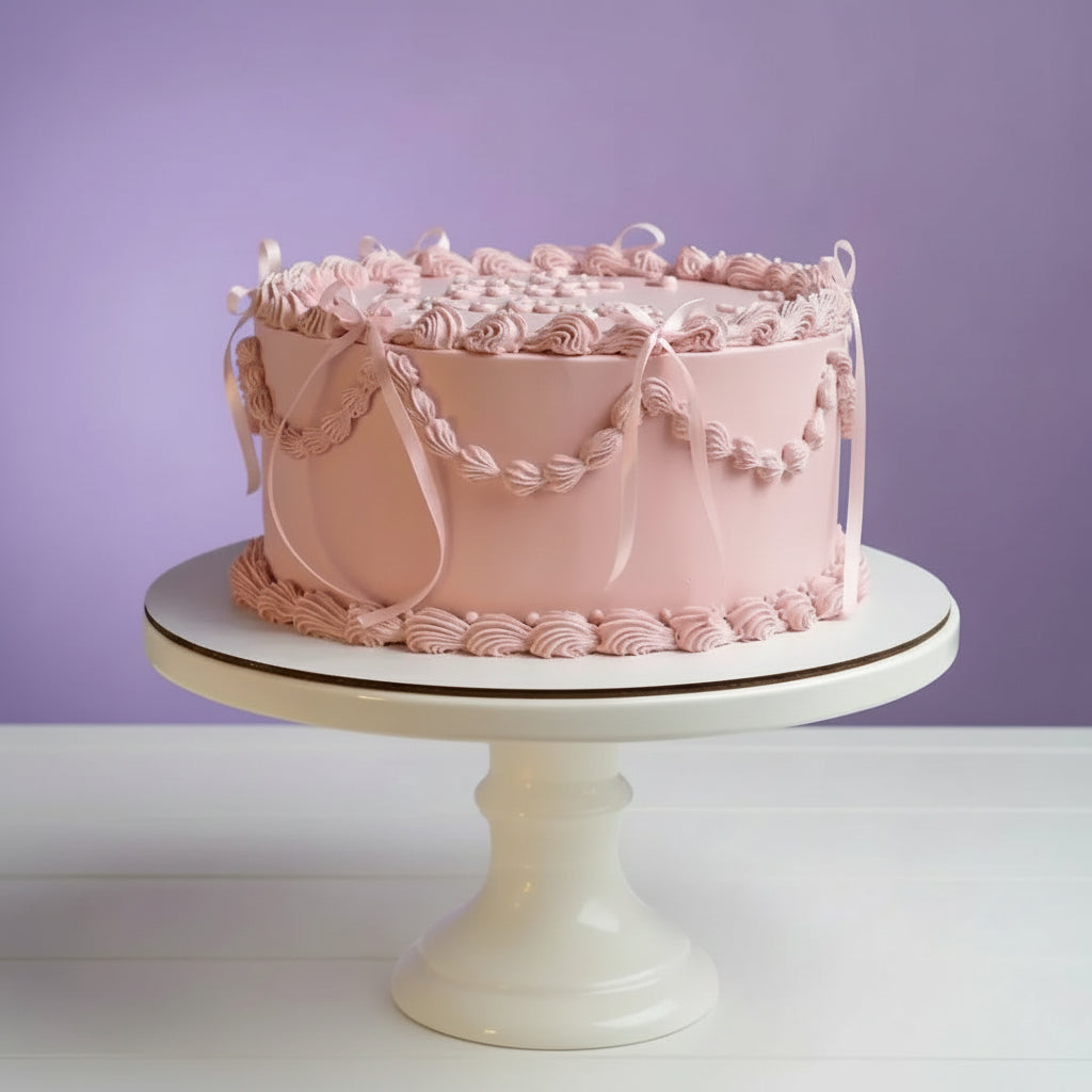 10 inches Pink Lambeth Style cake with decorative icing on a white cake stand against a purple background