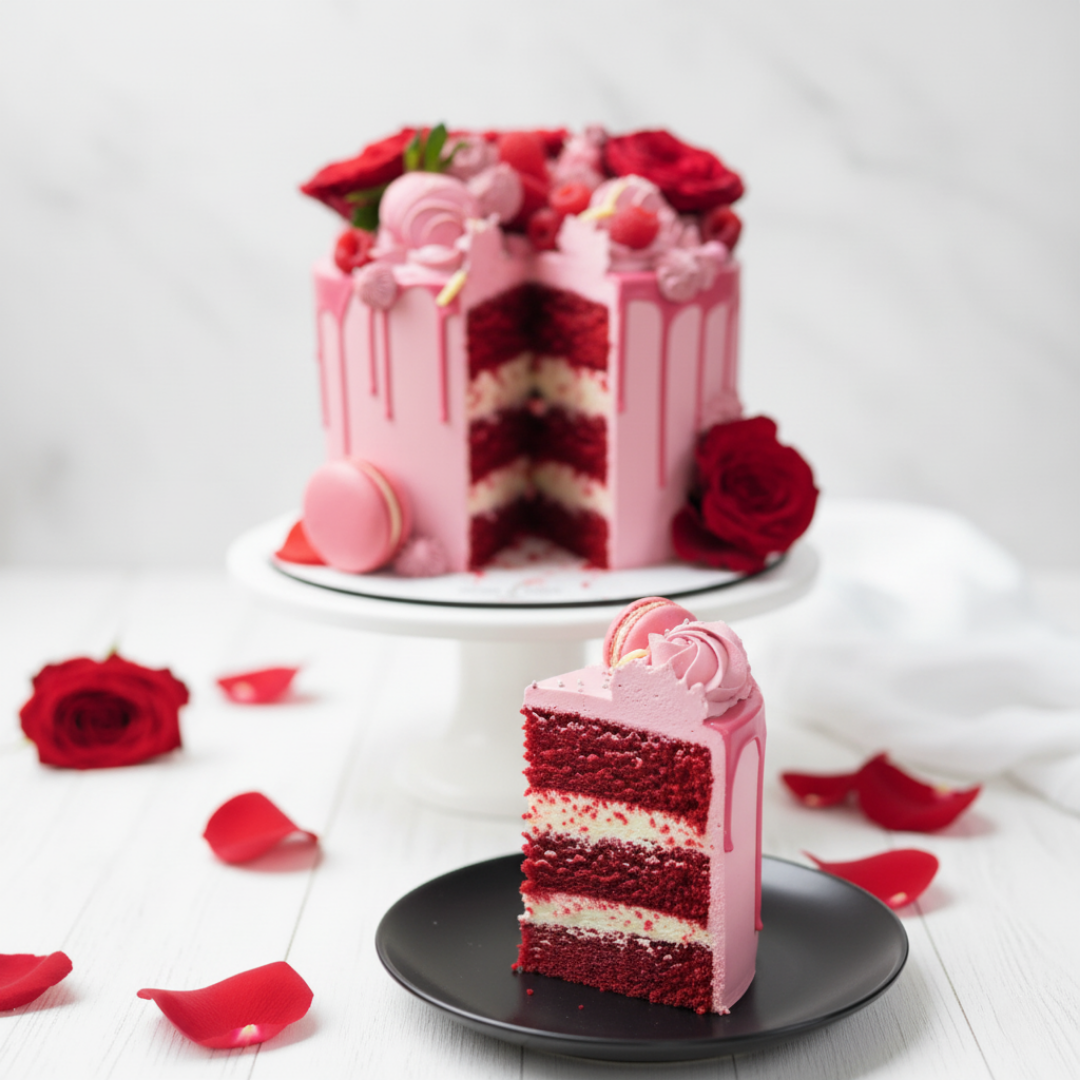 macarons cake in pink colour and red velvet flavour