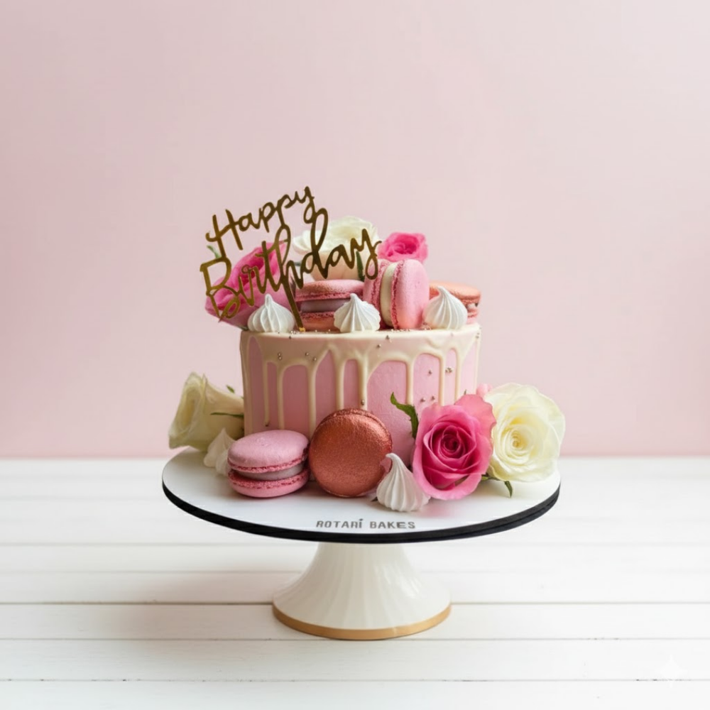 Pink birthday cake with macarons and flowers on a white stand against a pink background