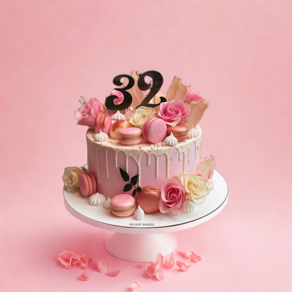 pink cake for girls birthdays and other occasions with macarons on top