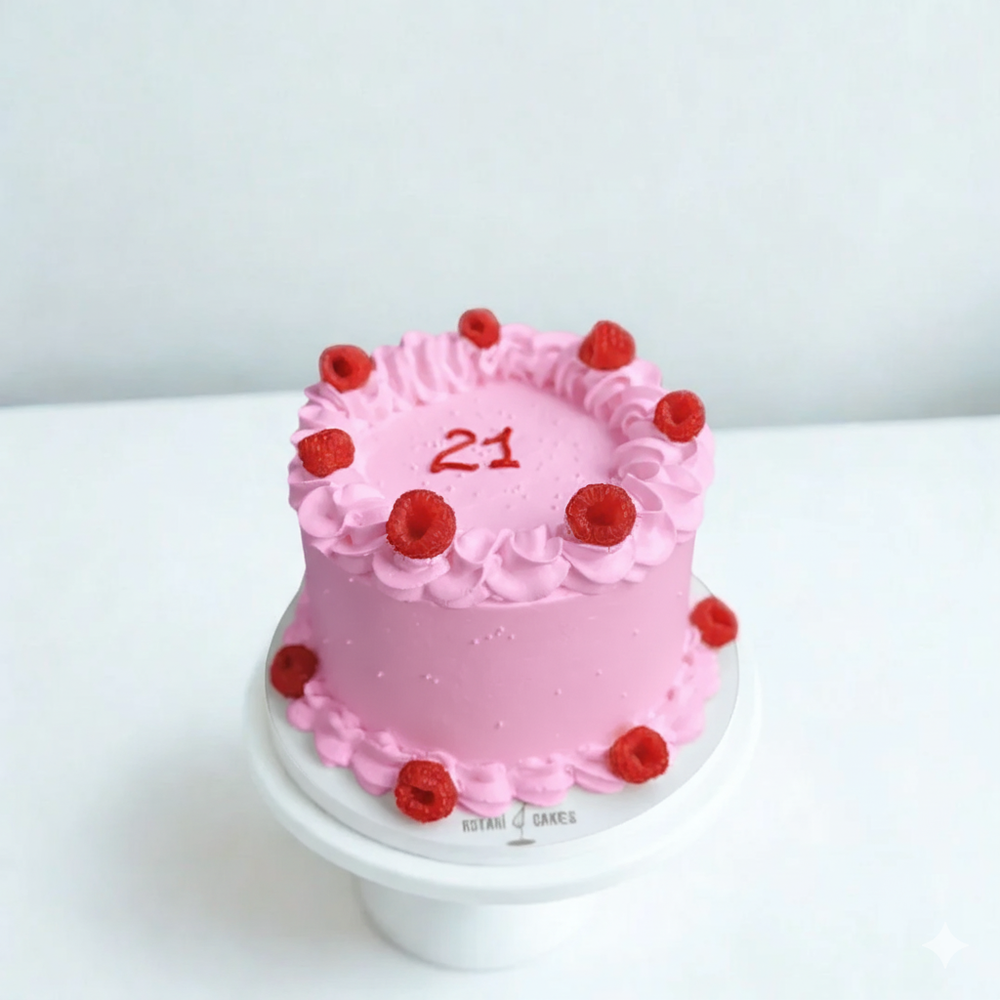 Pink cake with red berries and number 21 on a white background