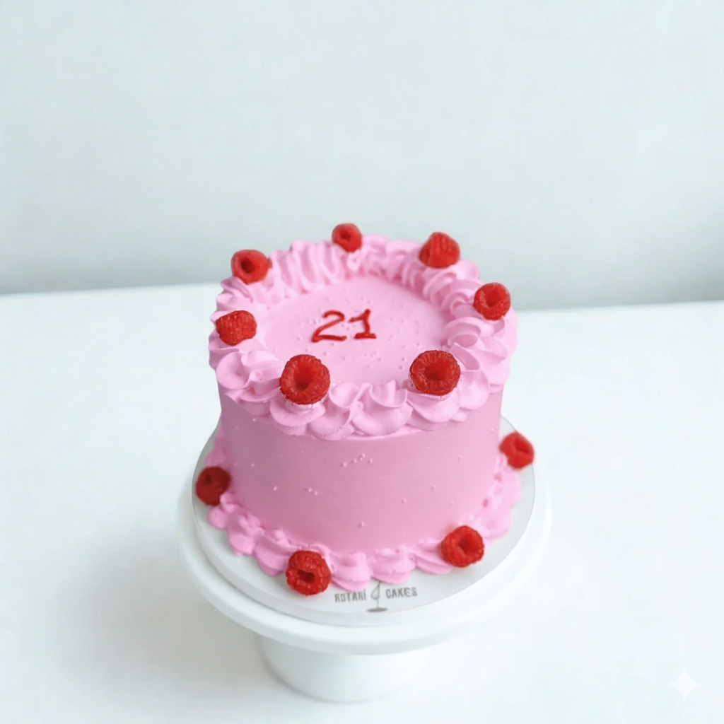 Pink cake with red berries and number 21 on a white background