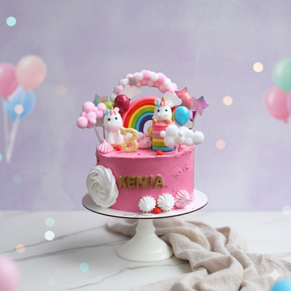 mini unicorn theme cake in pink colour for 3rd birthday