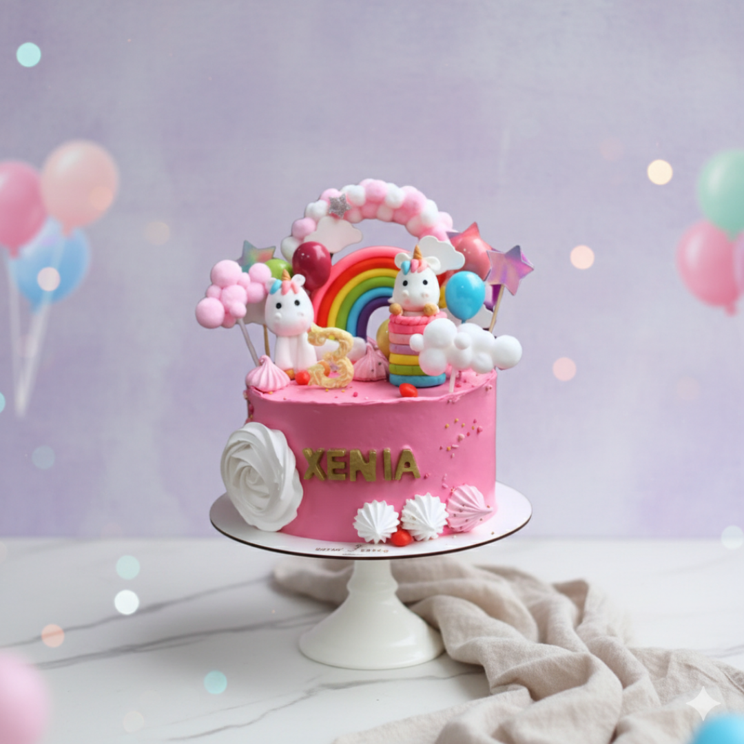 mini unicorn theme cake in pink colour for 3rd birthday