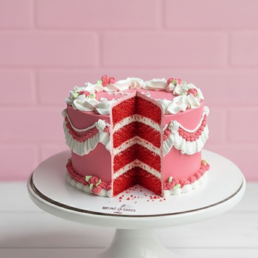 Pink and red cake with white frosting on a white stand against a pink tiled wall.