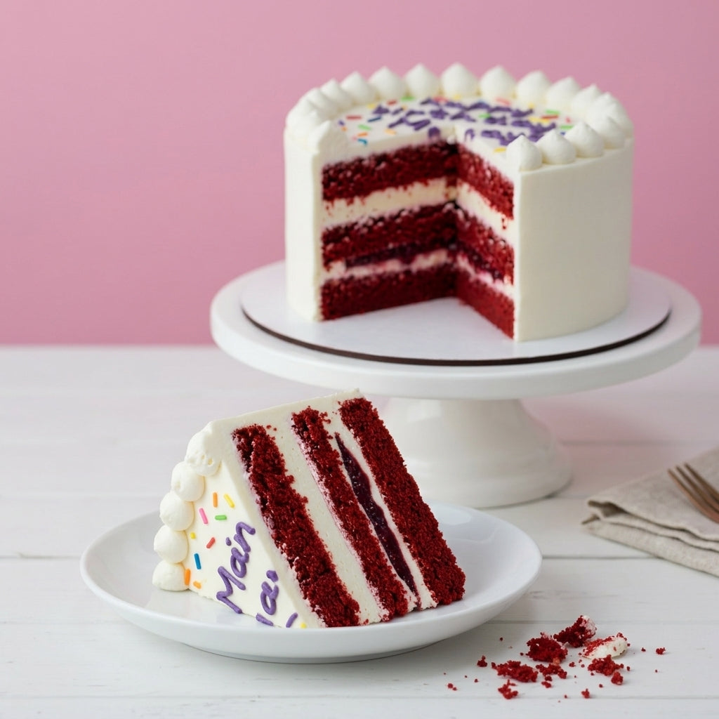 A red velvet cake with white frosting sits on a white pedestal plate, with a single slice placed in front on a white plate. The cake has colorful sprinkles and the word 'Mein' written on the side.