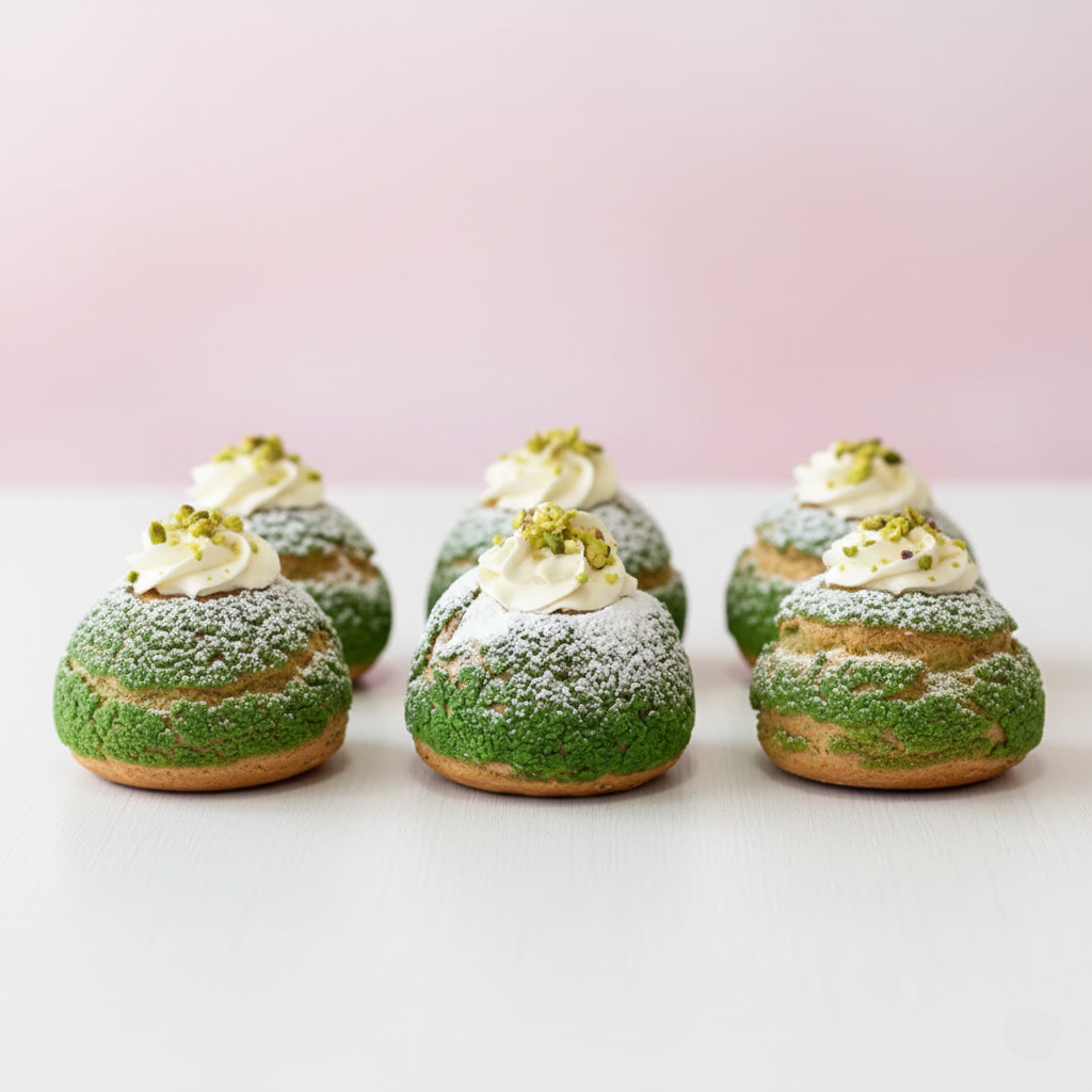 pistachio choux pastries with white cream and powdered sugar on a light pink background