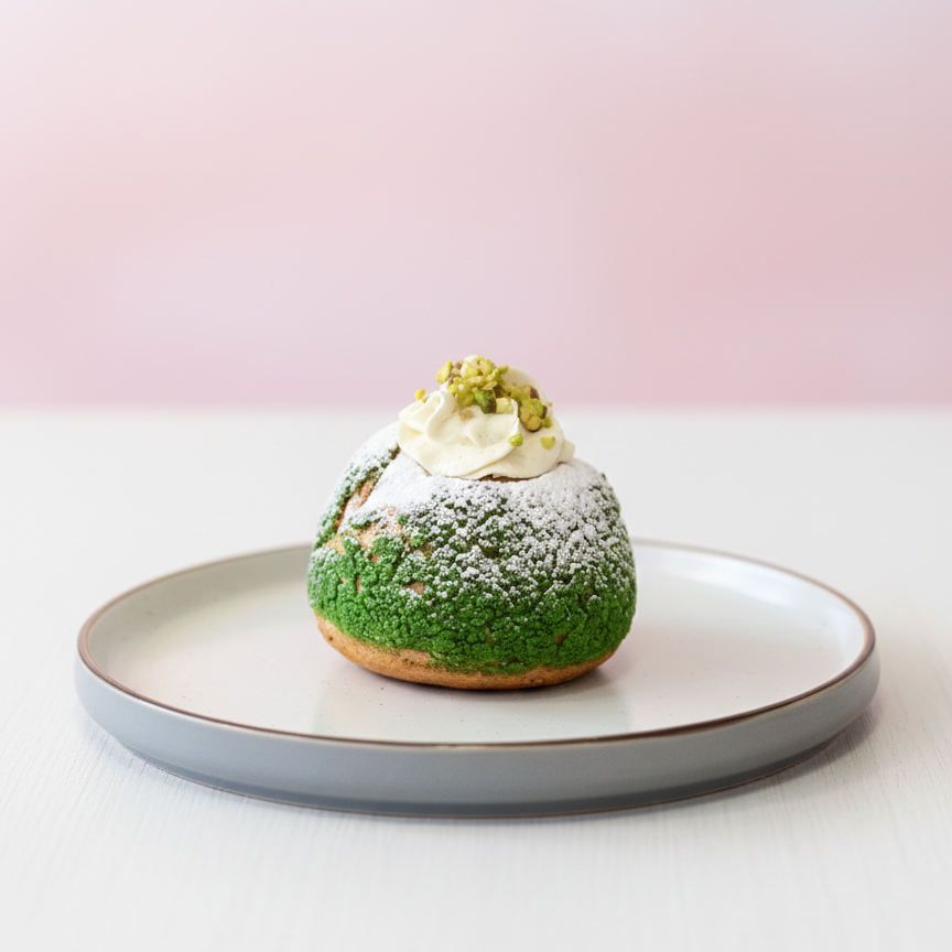 Green pistachio choux dessert with white cream on a gray plate against a pink background