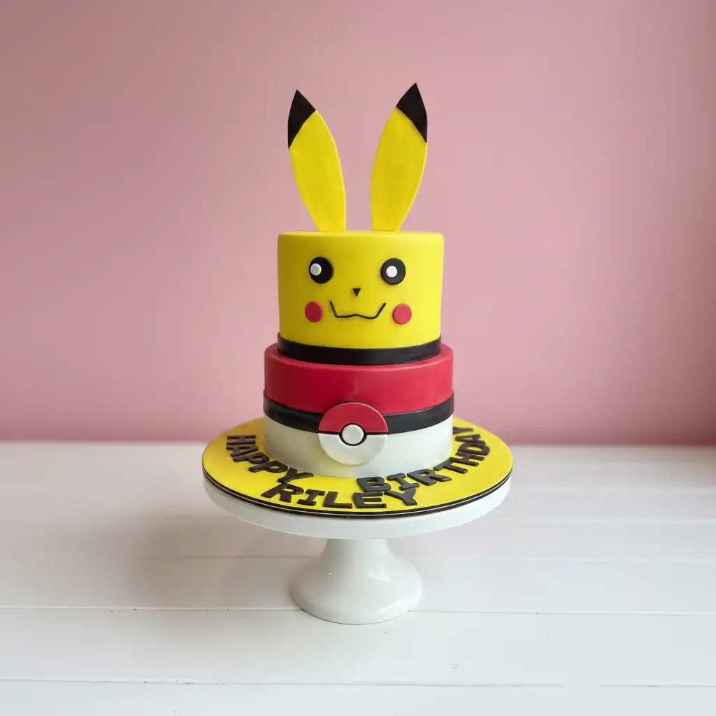 Two-tiered cake designed to look like Pikachu on a white stand with a pink background