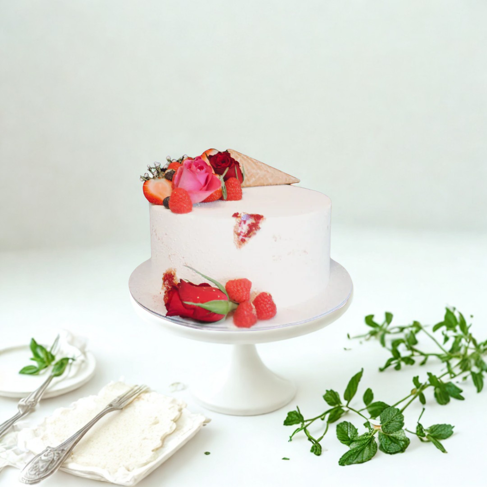 
                  
                    White praga cake with floral decorations 
                  
                