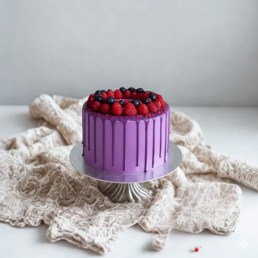 Purple cake with berries on a white surface with a textured cloth