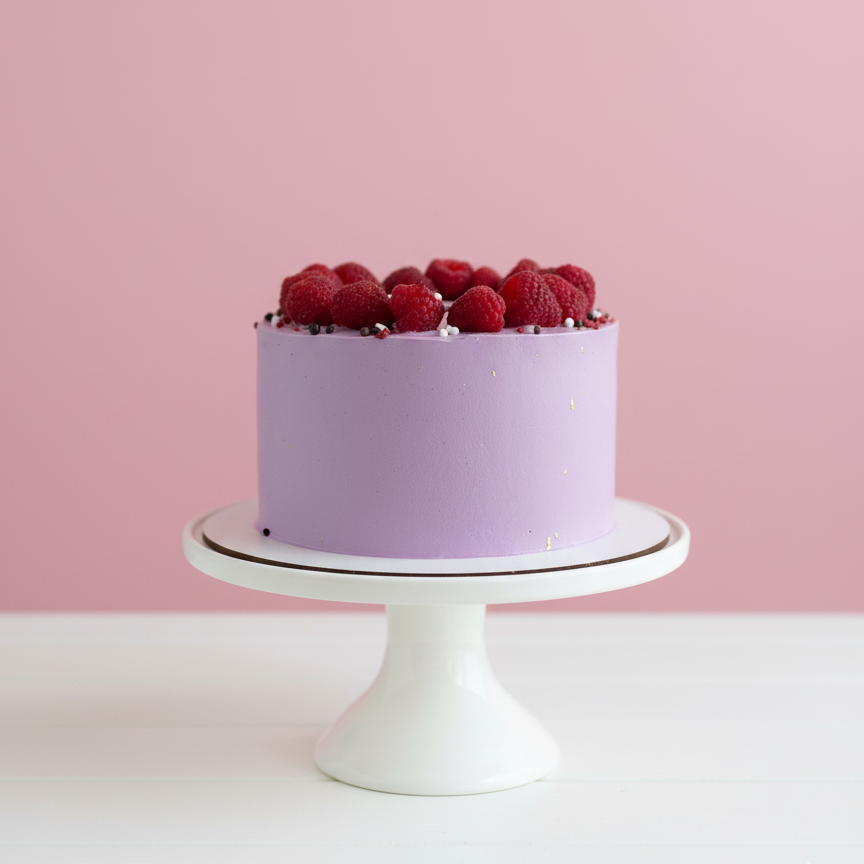 Purple cake with raspberries on a white stand against a pink background