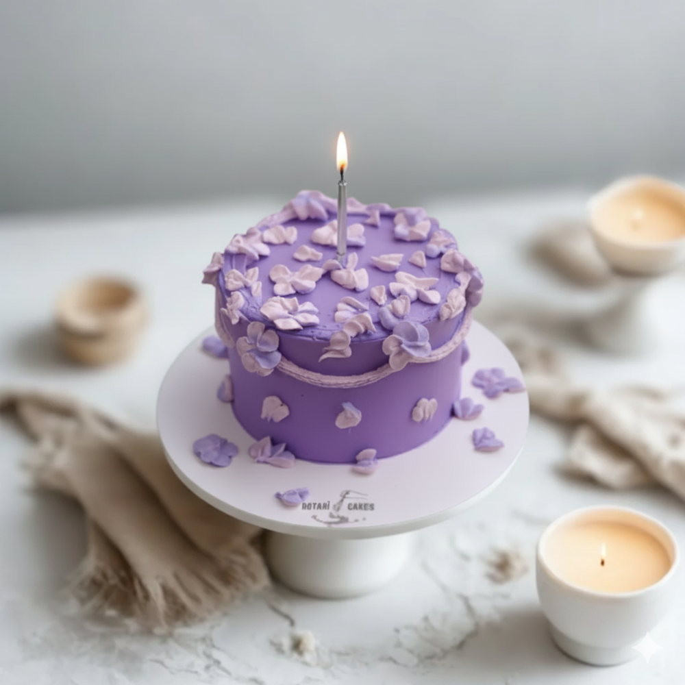 
                  
                    Purple cake with floral decorations and a lit candle on a white marble surface.
                  
                