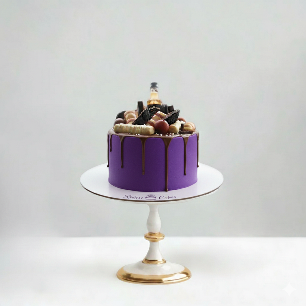 
                  
                    Purple cake with chocolate drizzle and various toppings on a white cake stand against a light gray background.
                  
                