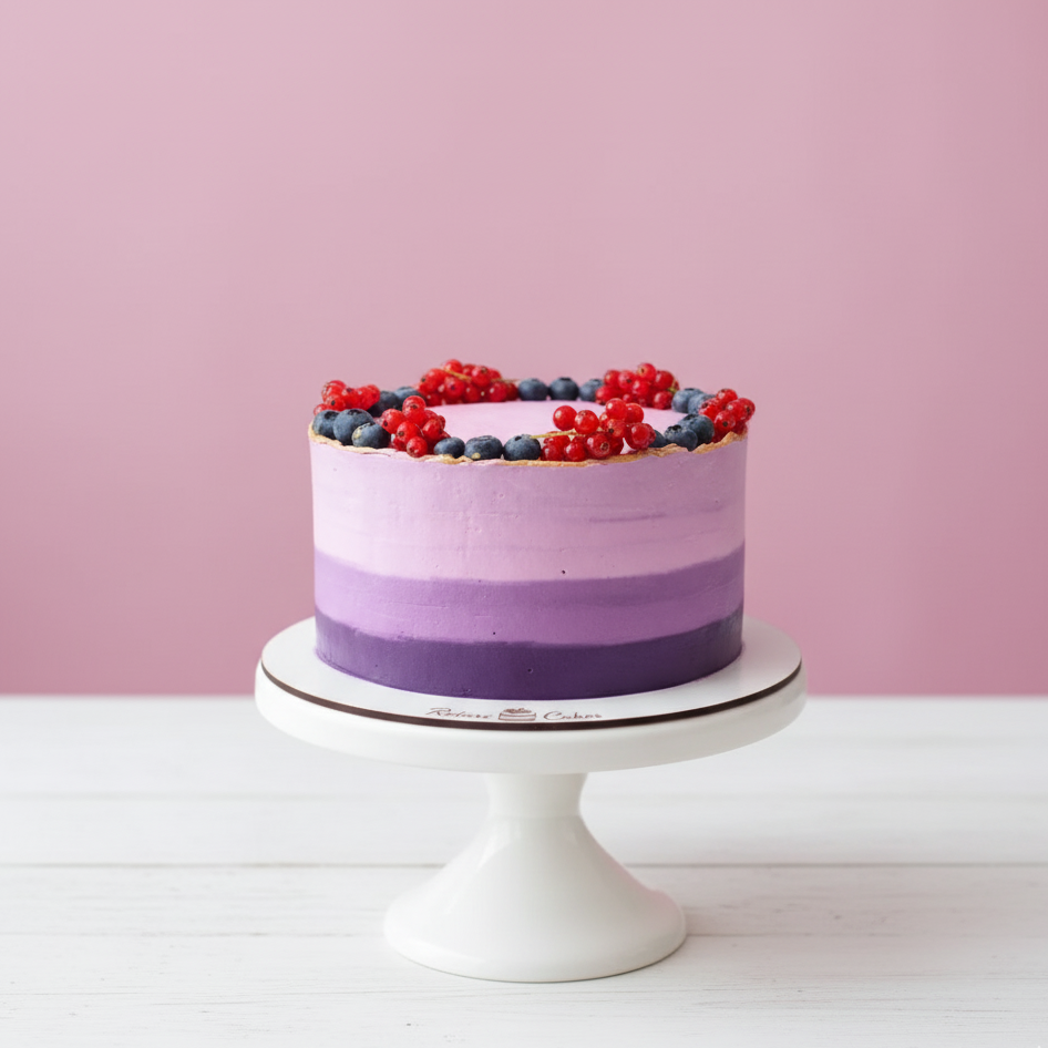 Purple ombre cake with berries on top for birthdays, anniversaries and other occasions