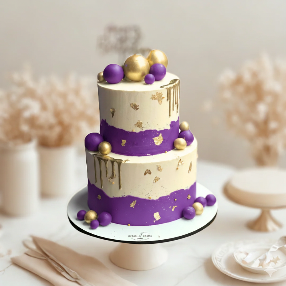 
                  
                    Three-tiered cake with purple and gold decorations on a white stand.
                  
                