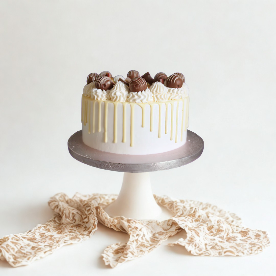 Raffaello cake in white colour for birthday