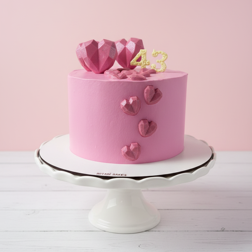 Pink birthday cake with heart decorations and number '43' on a white stand against a pink background