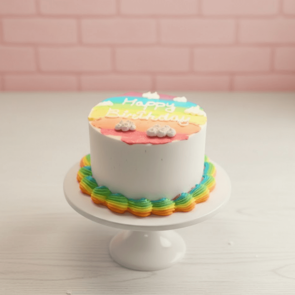 White cake with rainbow frosting and 'Happy Birthday' on a white stand against a pink brick wall.