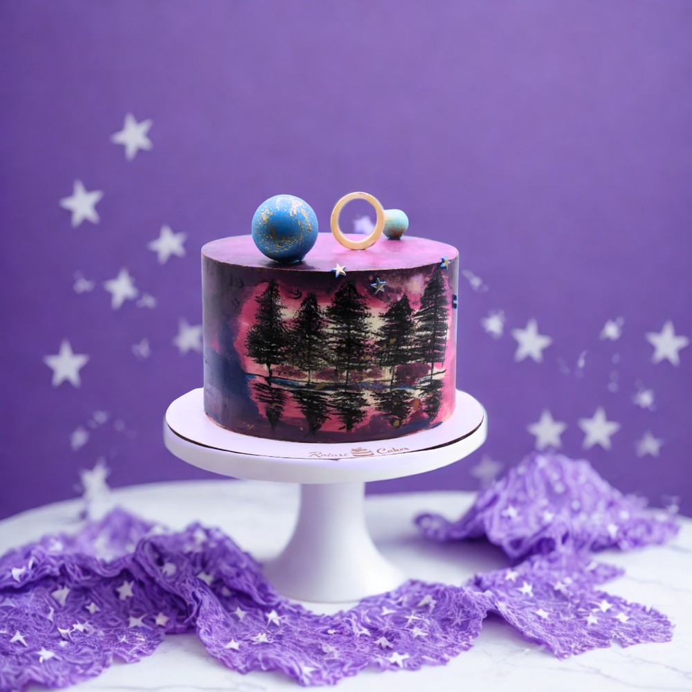 
                  
                    Decorative cake with space-themed design on a purple background with star decorations
                  
                