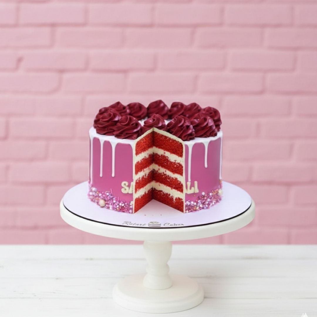 Decorative cake with red roses and pink frosting on a white stand against a pink brick wall.